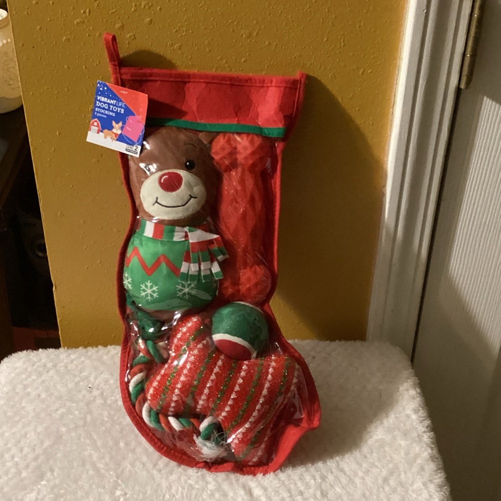 Vibrant Red and Green Dog Toy Stocking 5 piece set
